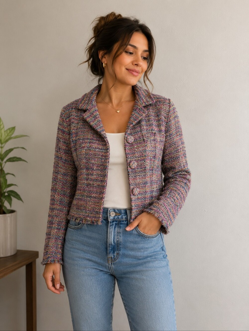 RK by R&K Pink Multicolor Tweed Cropped Blazer